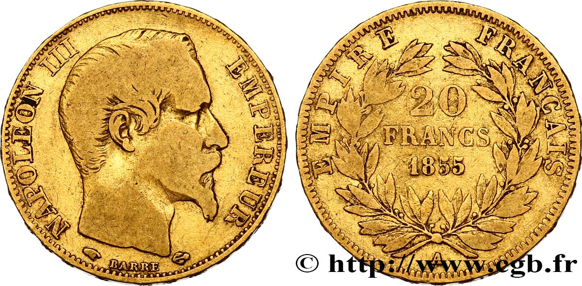 20 francs or Napoléon III, tête nue 1855 Paris F.531/4 VF25 