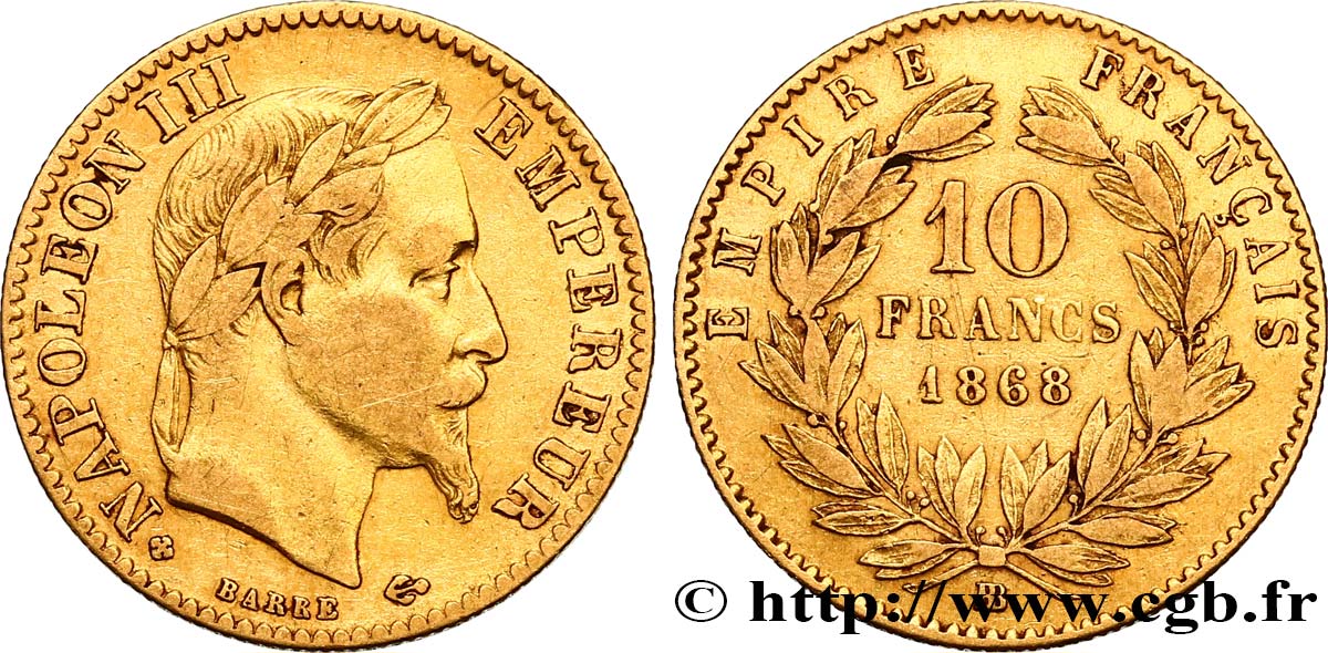10 francs or Napoléon III, tête laurée 1868 Strasbourg F.507A/18 VF35 