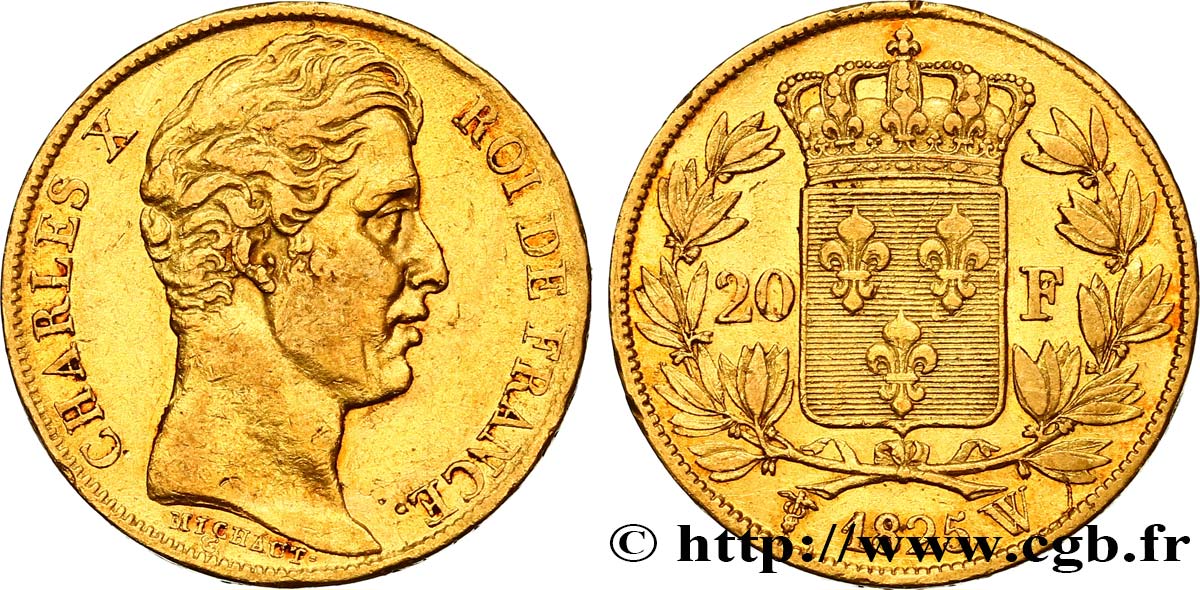 20 francs or Charles X, matrice du revers à quatre feuilles et demie 1825 Lille F.520/2 XF45 