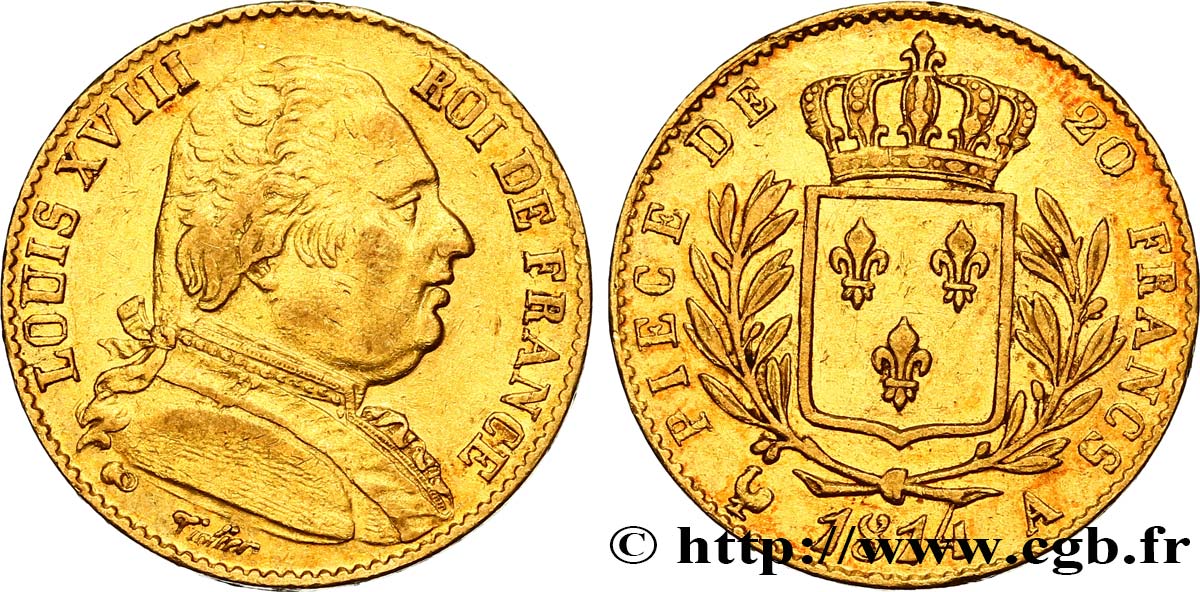 20 francs or Louis XVIII, buste habillé 1814 Paris F.517/1 TTB45 