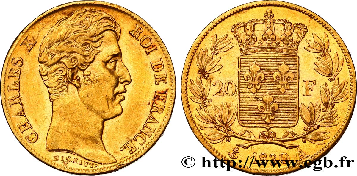 20 francs or Charles X, matrice du revers à cinq feuilles 1830 Paris F.521/6 AU50 