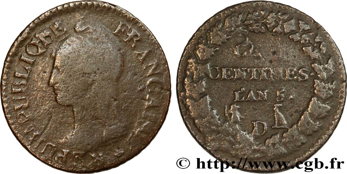 Cinq centimes Dupré, grand module,  refrappage  du décime 1797 Lyon F.114/7 TB 