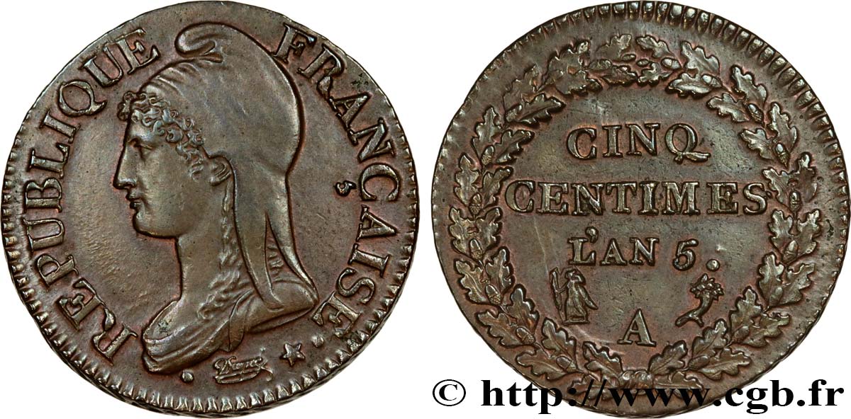 Cinq centimes Dupré, grand module 1797 Paris F.115/1 MS62 