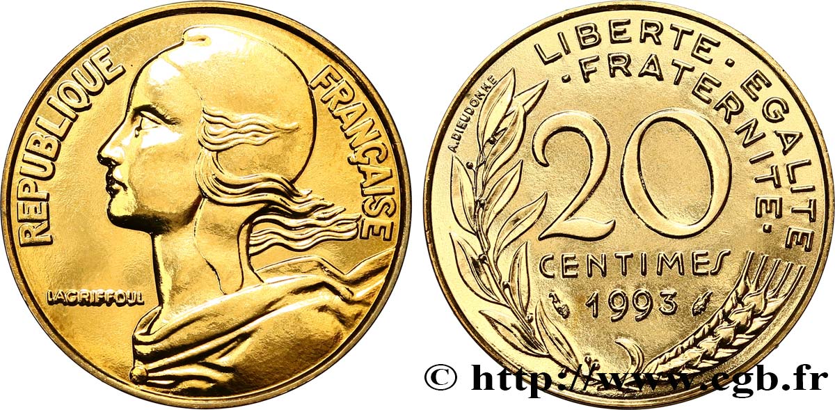 20 centimes Marianne, BU (Brillant Universel), frappe médaille 1993 Pessac F.156/36 FDC 
