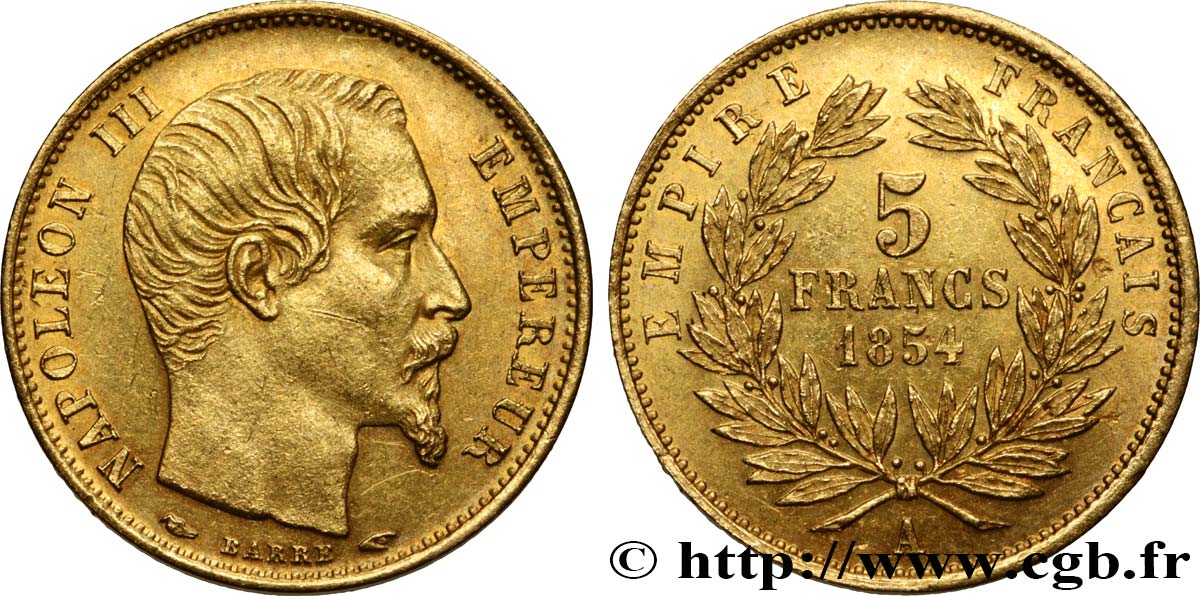 5 francs or Napoléon III, tête nue, petit module, tranche lisse 1854 Paris F.500/1 SPL62 