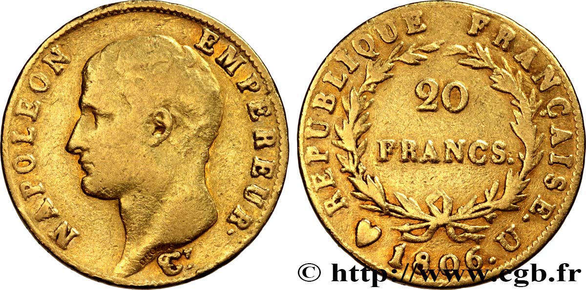 20 francs Napoléon tête nue, calendrier grégorien 1806 Turin F.513/4 BC30 