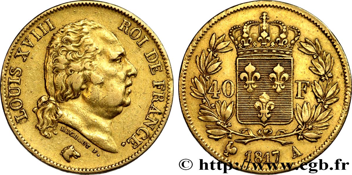 40 francs or Louis XVIII 1817 Paris F.542/6 XF42 