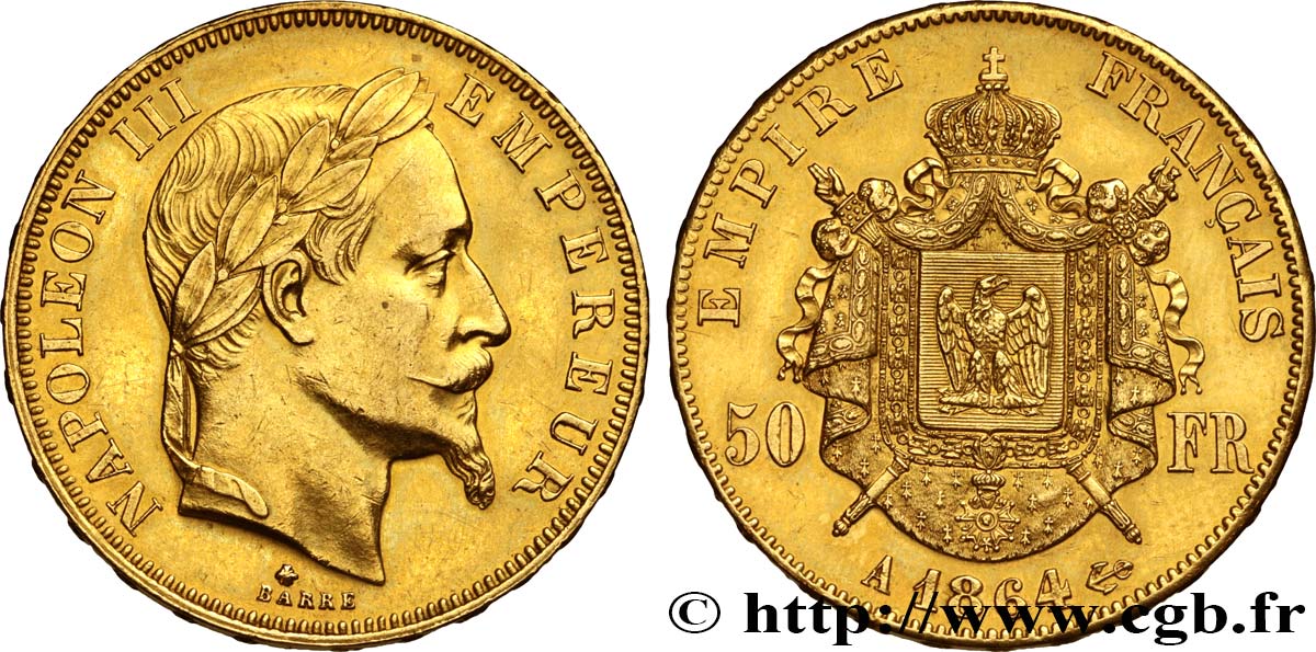 50 francs or Napoléon III, tête laurée 1864 Paris F.548/4 q.SPL 