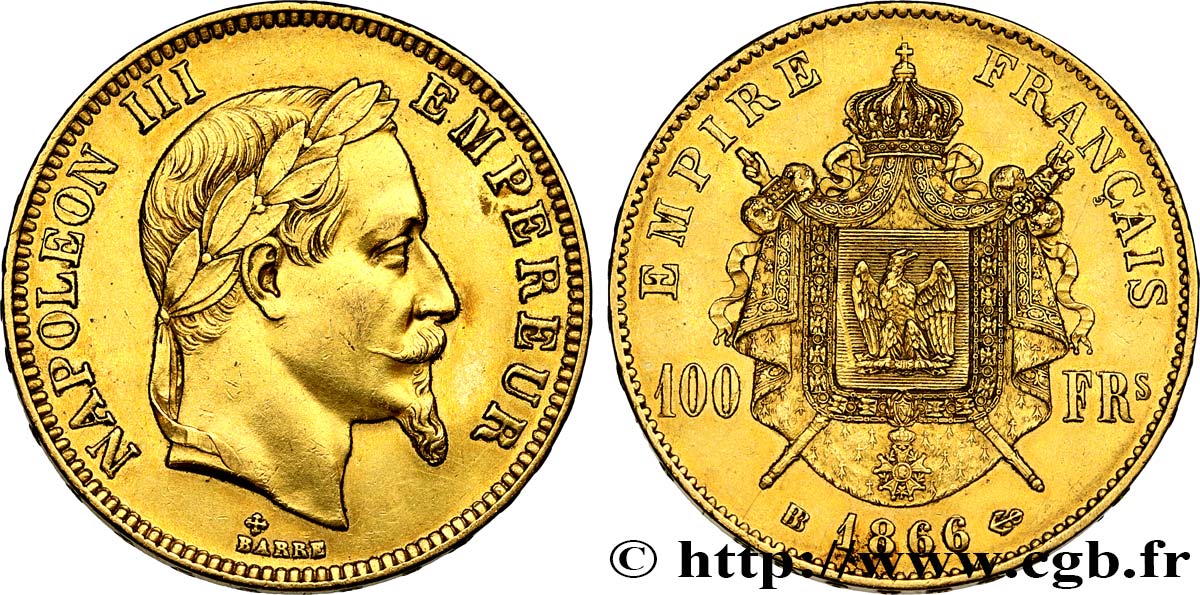 100 francs or Napoléon III, tête laurée 1866 Strasbourg F.551/7 MBC52 