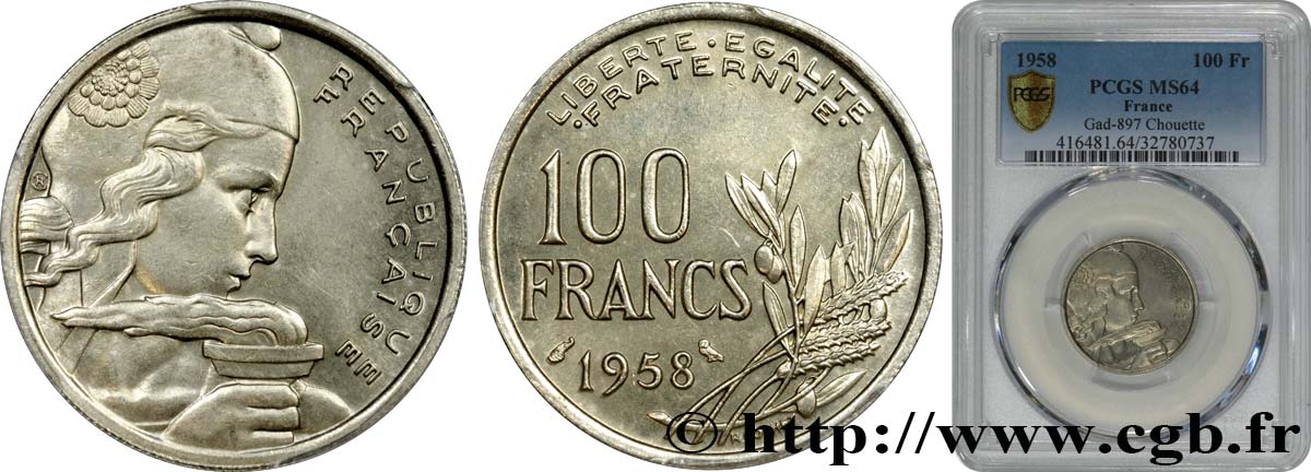 100 francs Cochet, chouette 1958  F.450/13 SPL64 PCGS