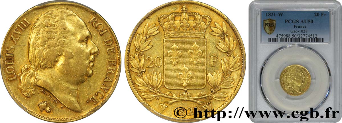 20 francs or Louis XVIII, tête nue 1821 Lille F.519/25 SS50 PCGS