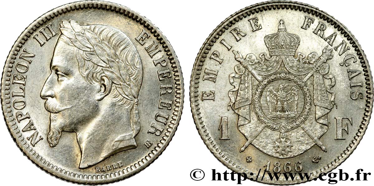 1 franc Napoléon III, tête laurée 1866 Strasbourg F.215/4 SPL58 