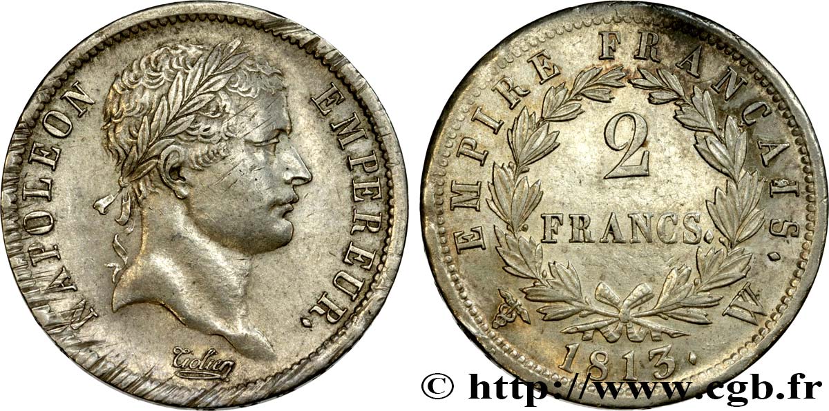 2 francs Napoléon Ier tête laurée, Empire français 1813 Lille F.255/66 AU50 
