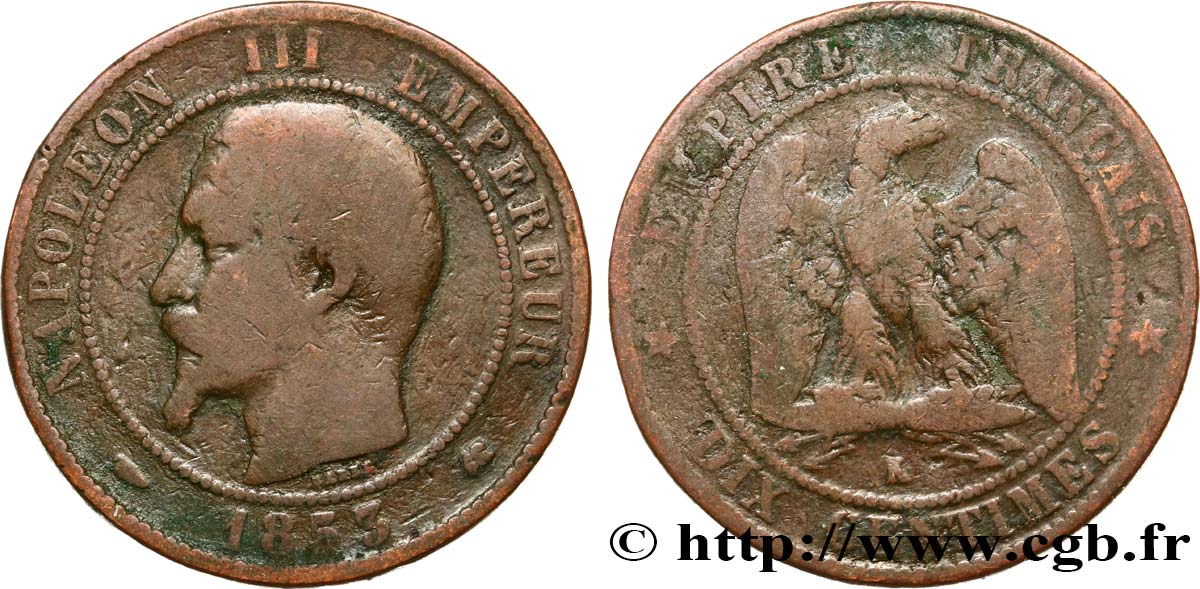 Dix centimes Napoléon III, tête nue 1853 Bordeaux F.133/7 F15 