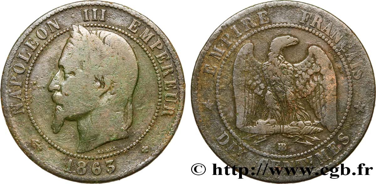Dix centimes Napoléon III, tête laurée 1863 Strasbourg F.134/11 F14 