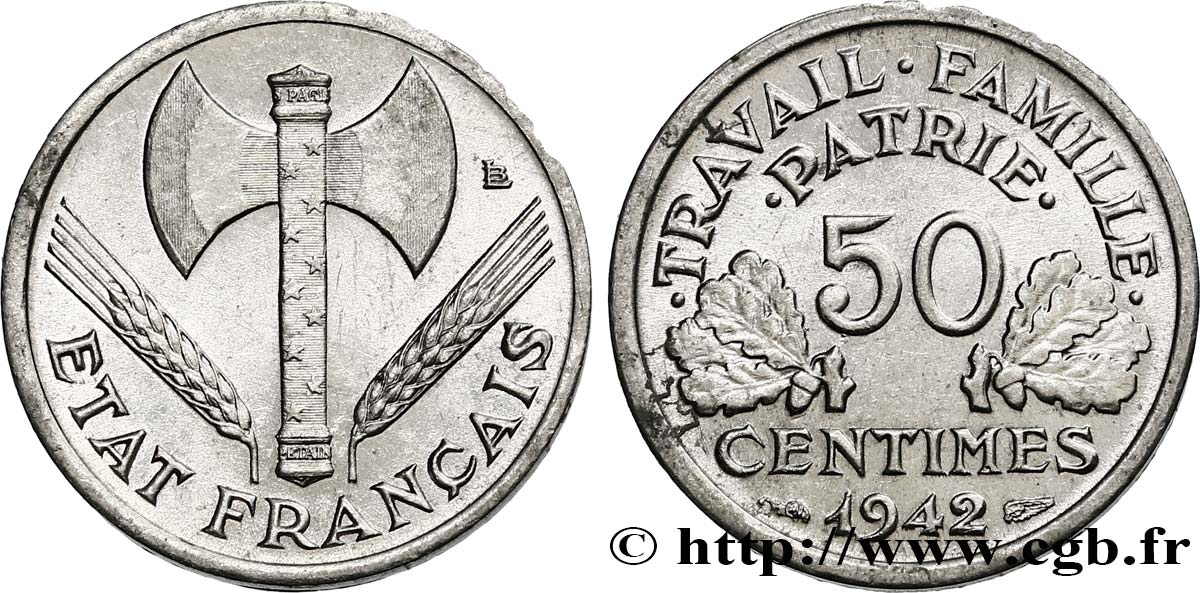 50 centimes Francisque, lourde 1942 Paris F.195/3 SUP55 