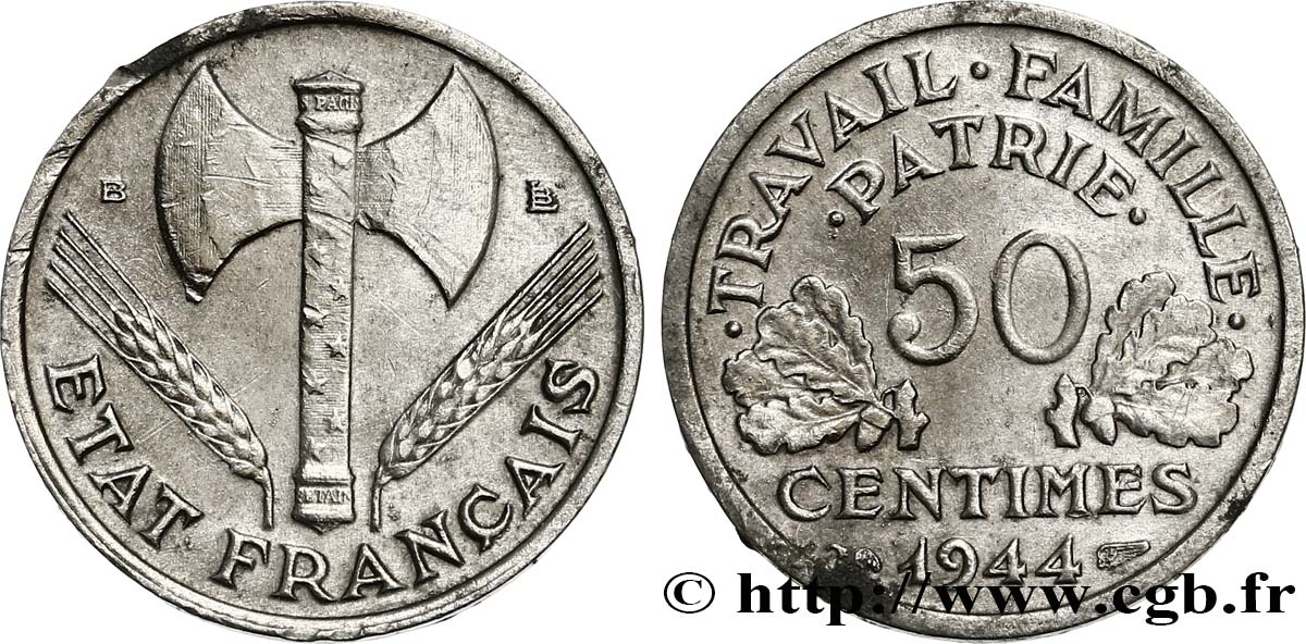 50 centimes Francisque, légère 1944 Beaumont-Le-Roger F.196/5 TB+ 