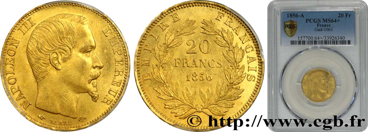20 francs or Napoléon III, tête nue 1856 Paris F.531/9 fST64 PCGS
