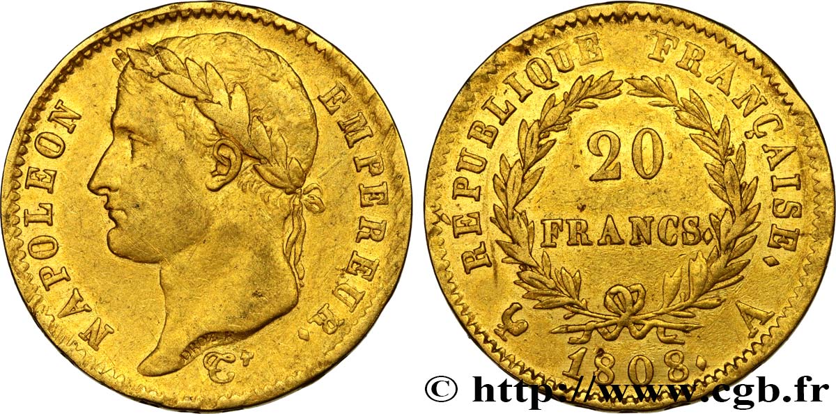 20 francs or Napoléon tête laurée, République française 1808 Paris F.515/2 SS50 