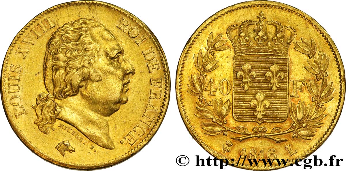 40 francs or Louis XVIII 1816 Bayonne F.542/3 XF48 