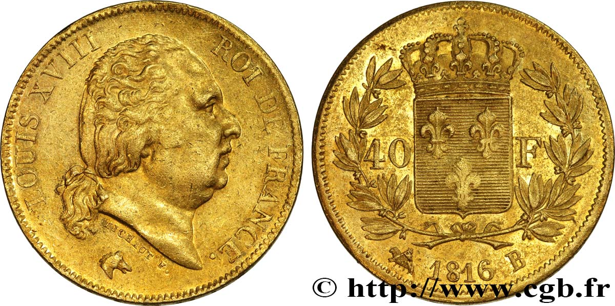 40 francs or Louis XVIII 1816 Rouen F.542/2 XF48 