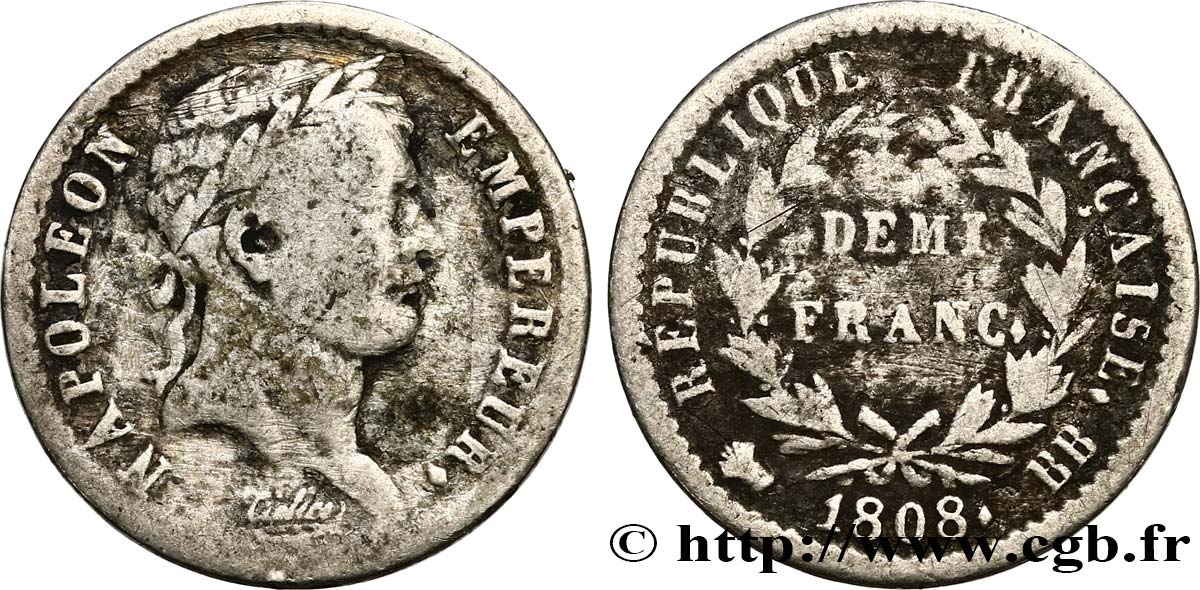 Demi-franc Napoléon Ier tête laurée, République française 1808 Strasbourg F.177/4 B+ 