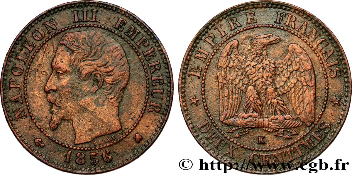 Deux centimes Napoléon III, tête nue 1856 Bordeaux F.107/41 BC+ 