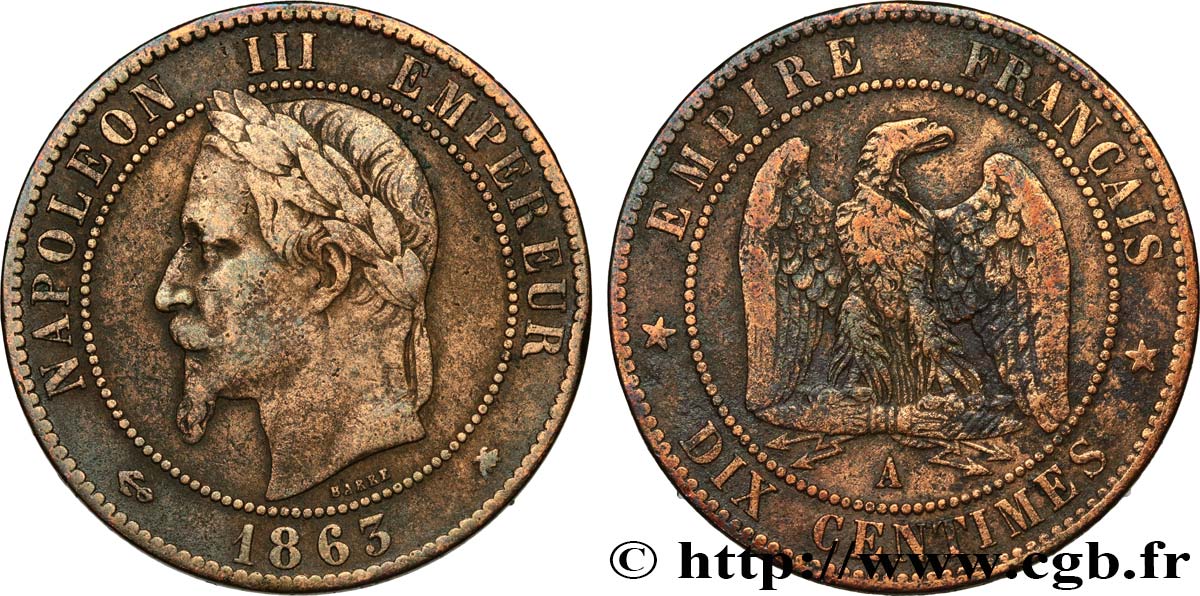 Dix centimes Napoléon III, tête laurée 1863 Paris F.134/10 MB 