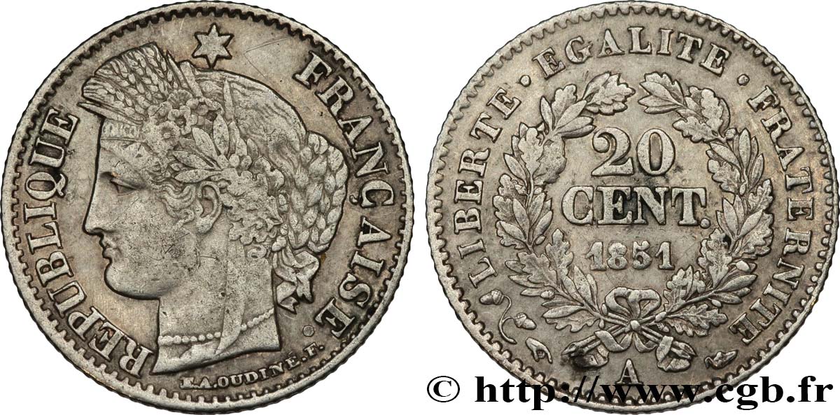 20 centimes Cérès, IIe République 1851 Paris F.146/7 TB35 
