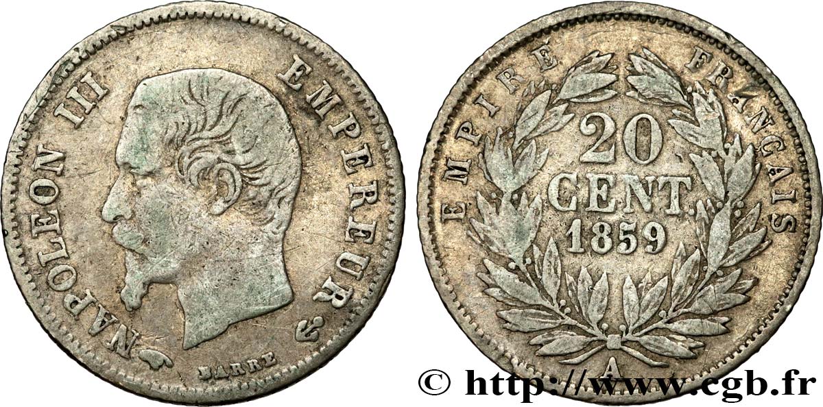 20 centimes Napoléon III, tête nue 1859 Paris F.148/12 TB20 