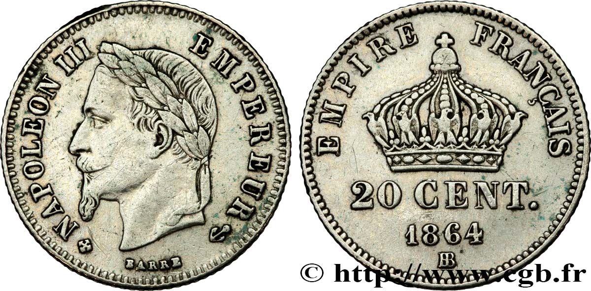 20 centimes Napoléon III, tête laurée, petit module 1864 Strasbourg F.149/2 XF40 