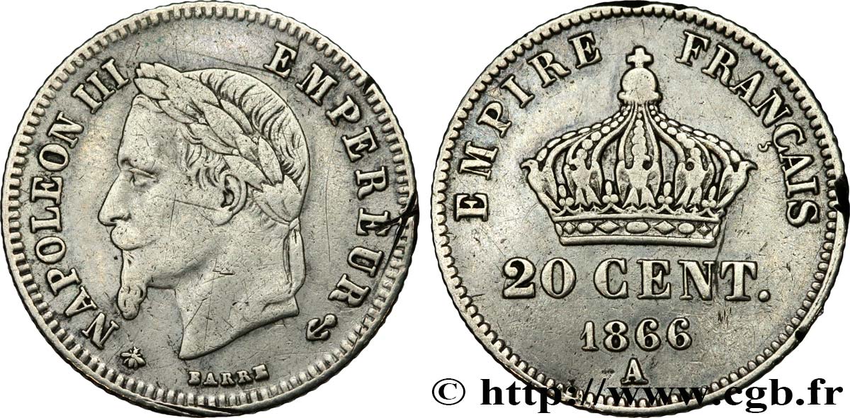 20 centimes Napoléon III, tête laurée, petit module 1866 Paris F.149/4 VF 