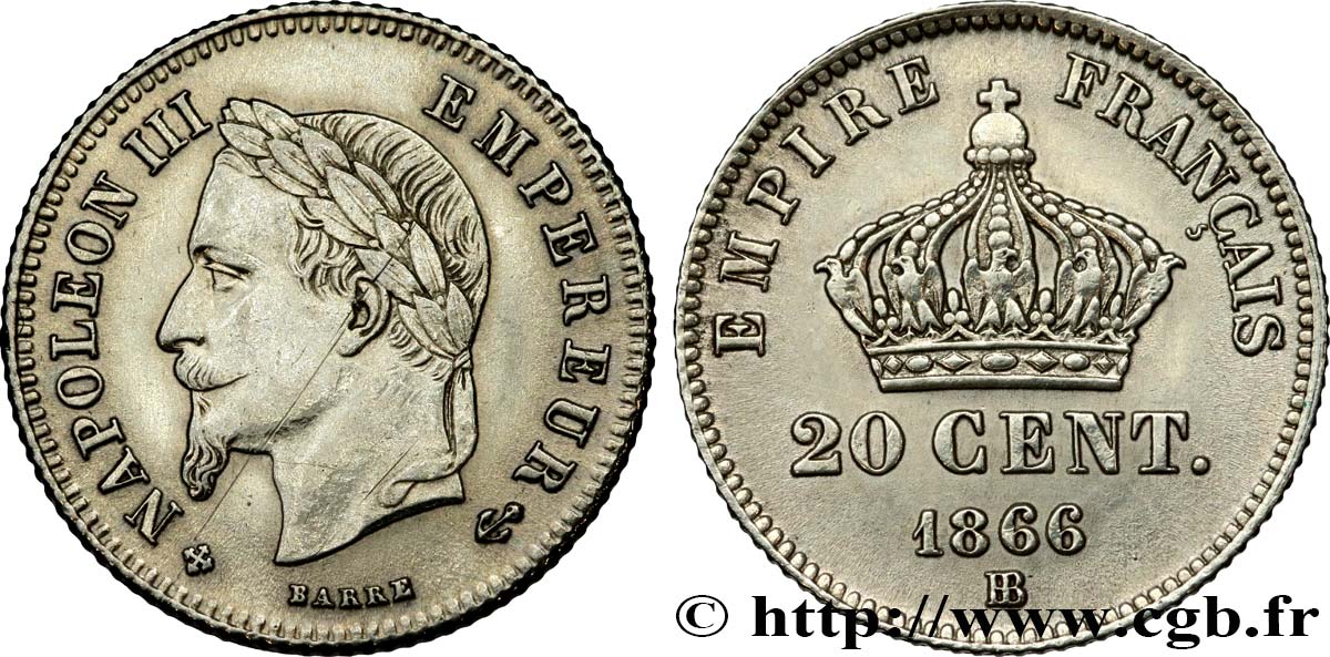 20 centimes Napoléon III, tête laurée, petit module 1866 Strasbourg F.149/5 TTB 