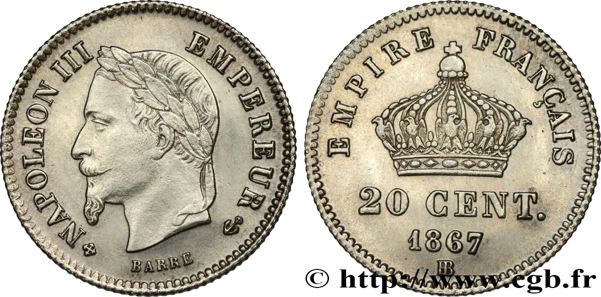20 centimes Napoléon III, tête laurée, grand module 1867 Strasbourg F.150/2 SUP58 