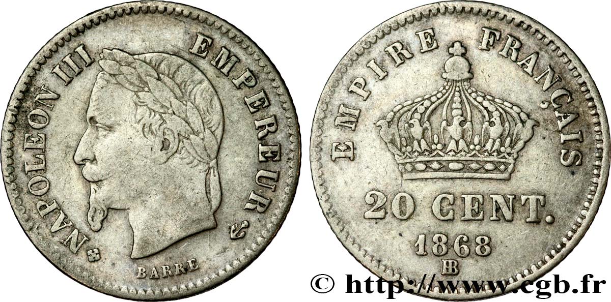 20 centimes Napoléon III, tête laurée, grand module 1868 Strasbourg F.150/5 TB20 