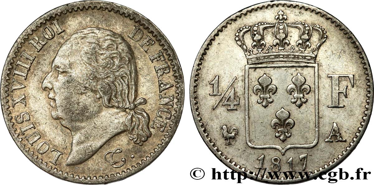 1/4 franc Louis XVIII  1817 Paris F.163/1 MBC48 