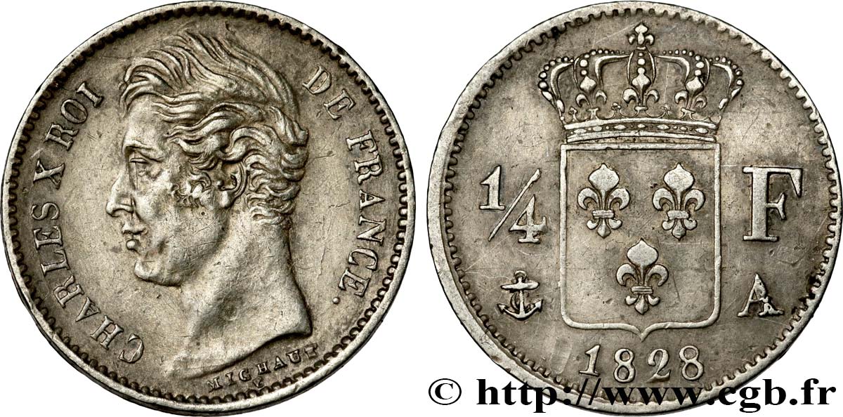 1/4 franc Charles X 1828 Paris F.164/18 XF48 