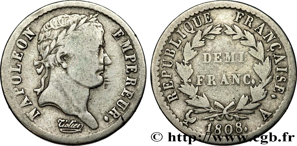 Demi-franc Napoléon Ier tête laurée, République française 1808 Paris F.177/2 TB20 