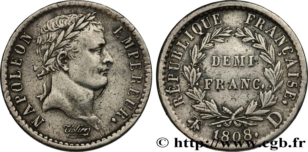 Demi-franc Napoléon Ier tête laurée, République française 1808 Lyon F.177/5 SS 