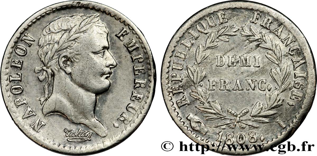 Demi-franc Napoléon Ier tête laurée, République française 1808 Limoges F.177/8 TTB 