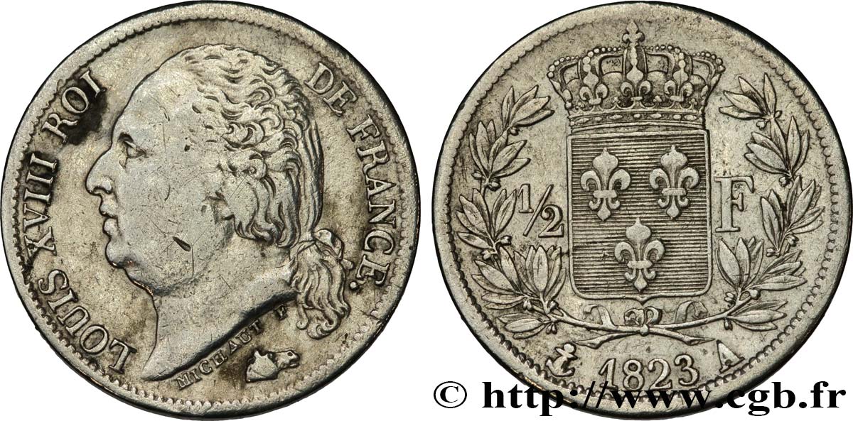 1/2 franc Louis XVIII 1823 Paris F.179/34 TB+ 