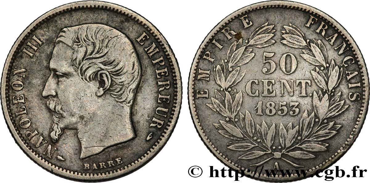 50 centimes Napoléon III, tête nue 1853 Paris F.187/1 VF35 