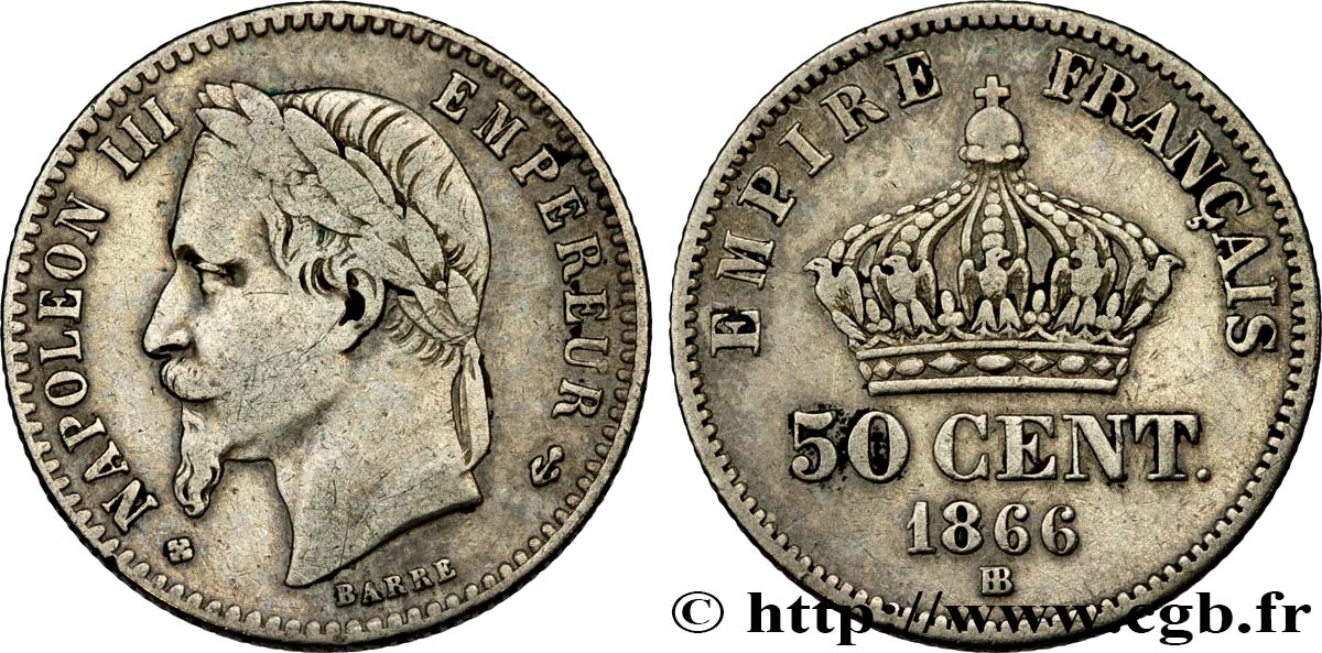 50 centimes Napoléon III, tête laurée 1866 Strasbourg F.188/10 TB35 