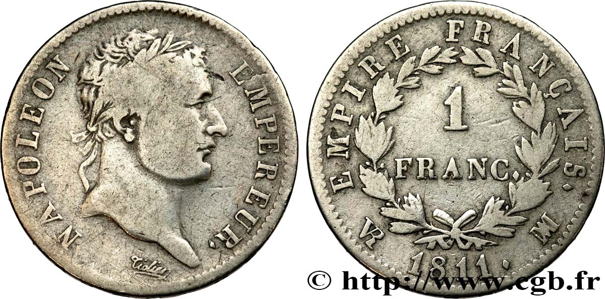1 franc Napoléon Ier tête laurée, Empire français 1811 Marseille F.205/37 TB15 