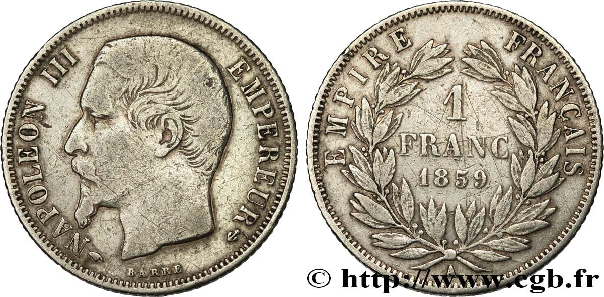 1 franc Napoléon III, tête nue  1859 Paris F.214/12 TB 