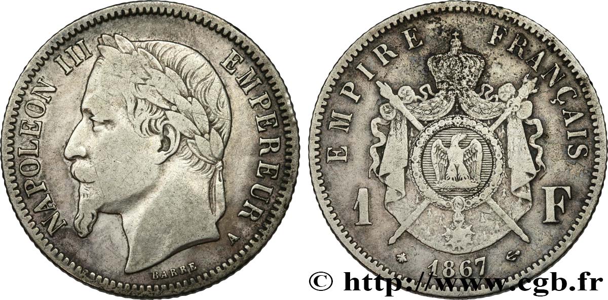1 franc Napoléon III, tête laurée 1867 Paris F.215/6 VF25 