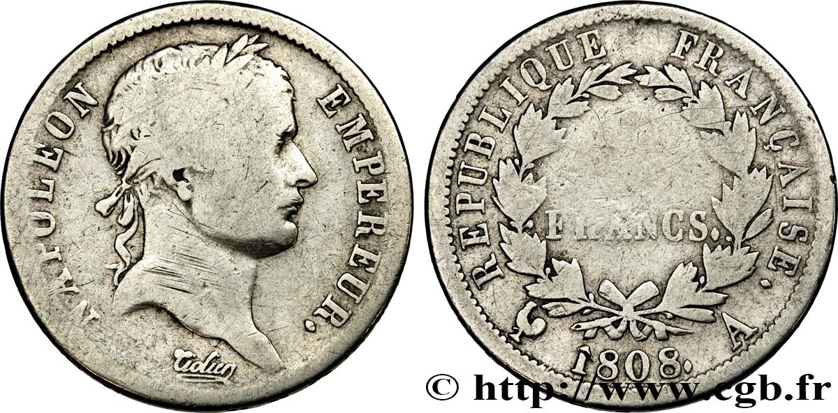 2 francs Napoléon Ier tête laurée, République française 1808 Paris F.254/4 VG10 
