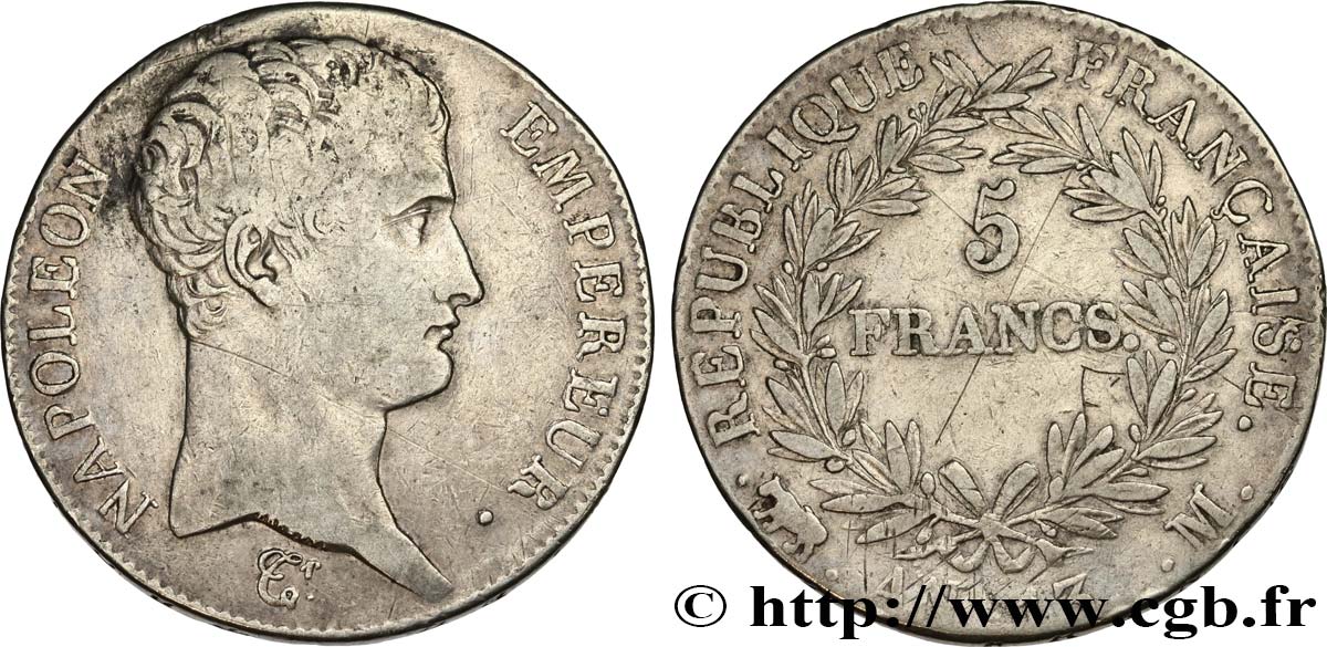 5 francs Napoléon Empereur, Calendrier révolutionnaire 1805 Toulouse F.303/13 TB 