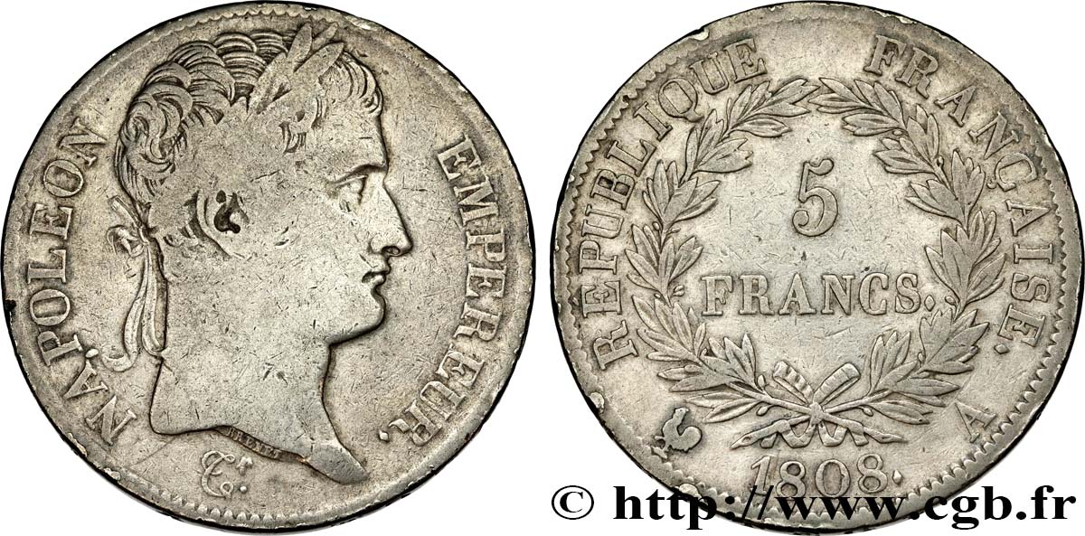 5 francs Napoléon Empereur, République française 1808 Paris F.306/2 BC25 