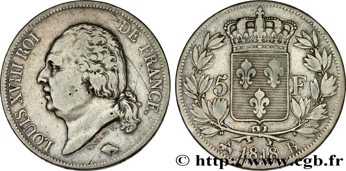 5 francs Louis XVIII, tête nue 1818 Rouen F.309/29 TB 